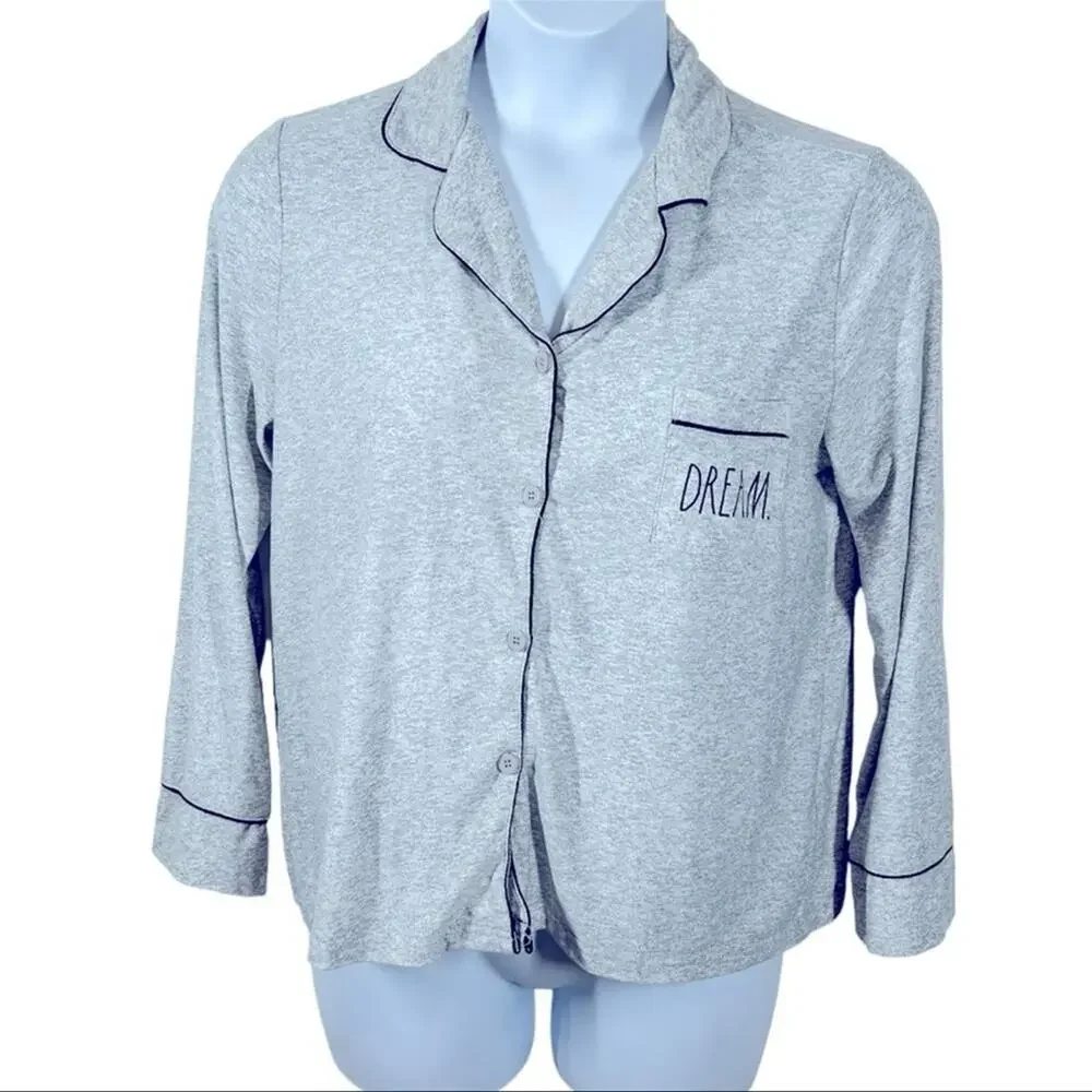 Rae Dunn Dream Gray Button Front Pajama Shirt Large - Picture 2 of 13